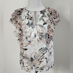 White House Black Market Floral Tassel Tie Blouse Size L